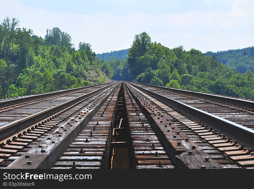 Railroad Tracks over 150 high Trestle Falls Summit Railway Bridge. Railroad Tracks over 150 high Trestle Falls Summit Railway Bridge.