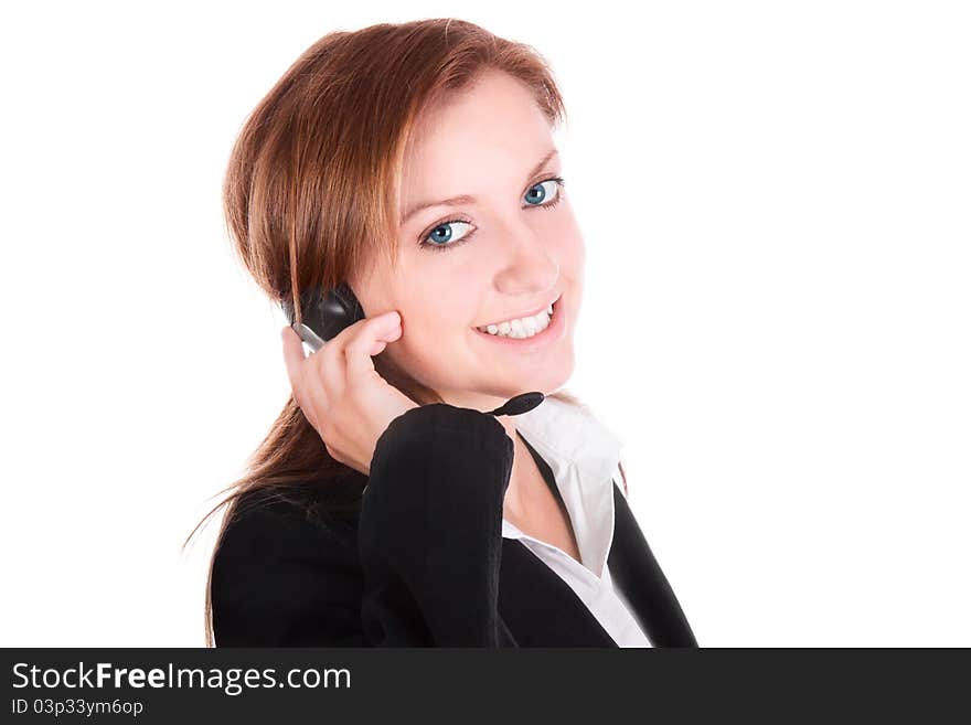 Talking and smiling businesswoman