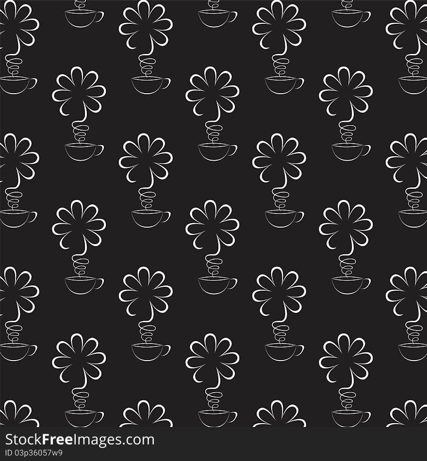 Black seamless background with cup and flower