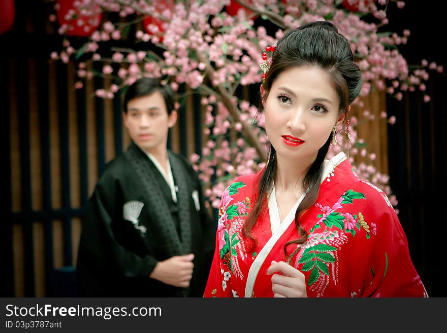 Portrait of young lovely couple in japan dress. Portrait of young lovely couple in japan dress