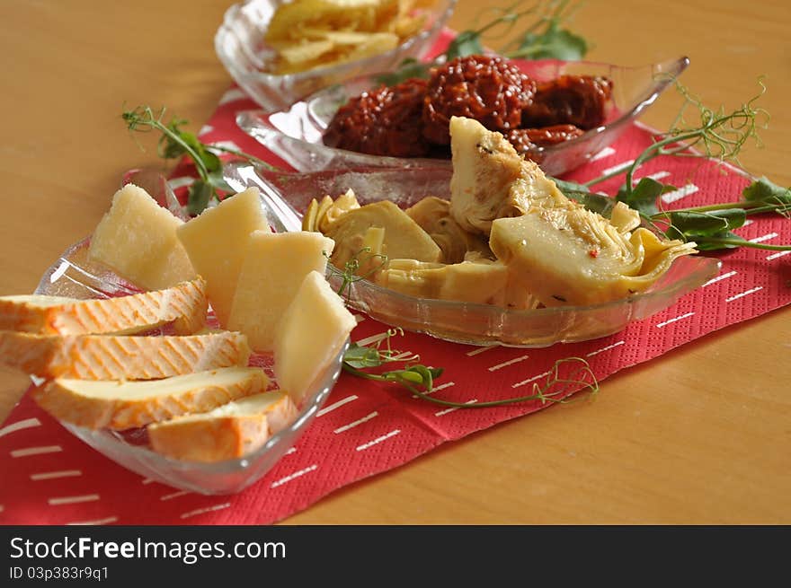 Food On Glass Plates On Red Napkin