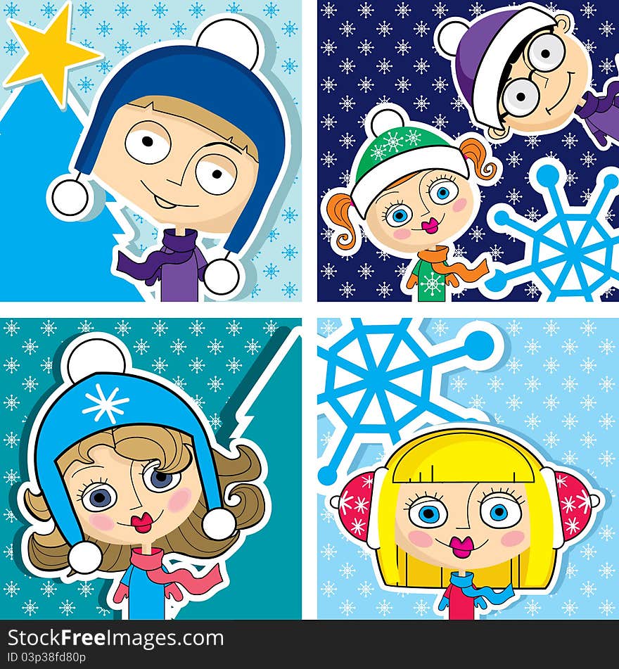 Funny cartoon Christmas kid, vector card