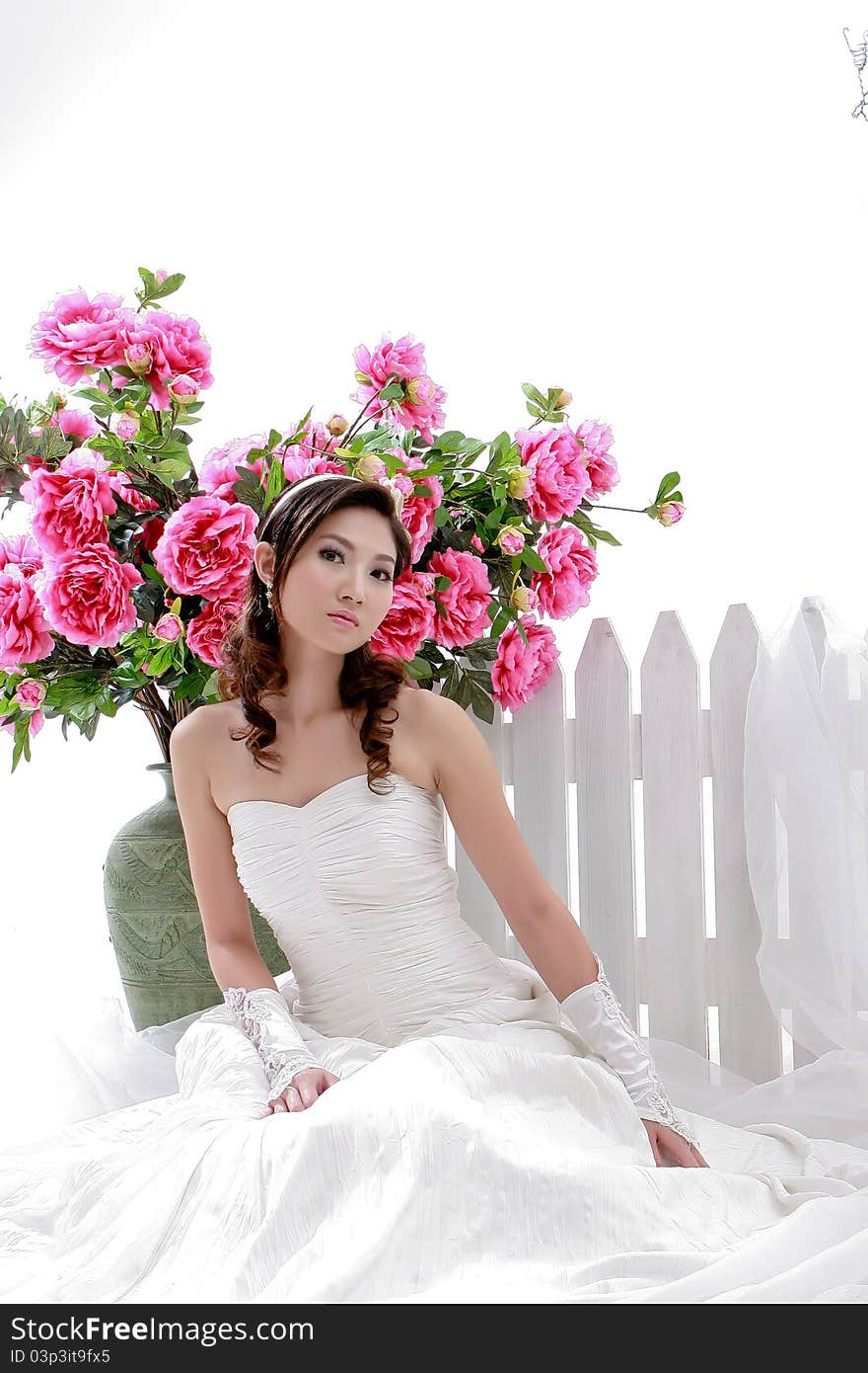 Portrait of young beautiful girl with flower on white background