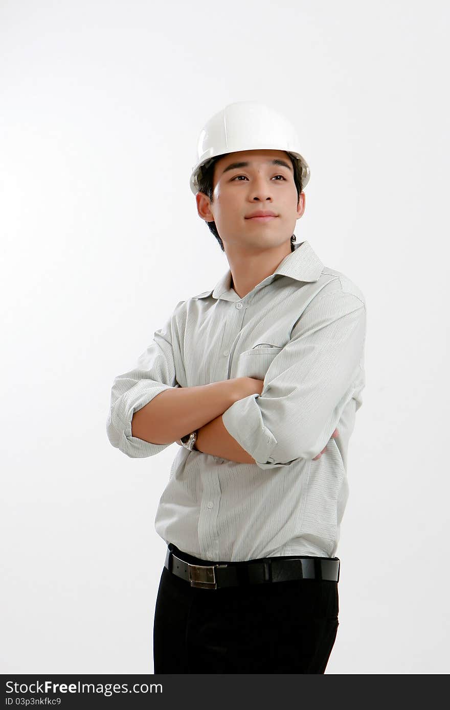 Architect young engineer portrait hardhat isolated on white