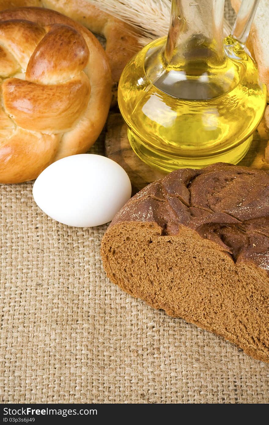 Bakery products and grain on sack burlap