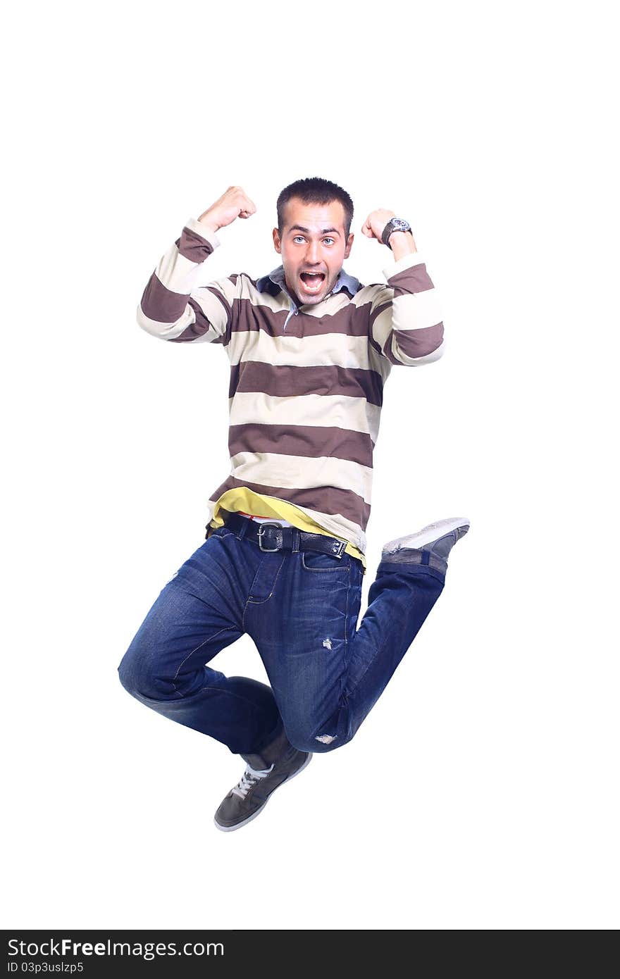 Portrait of a successful young man with his hands raised against white background