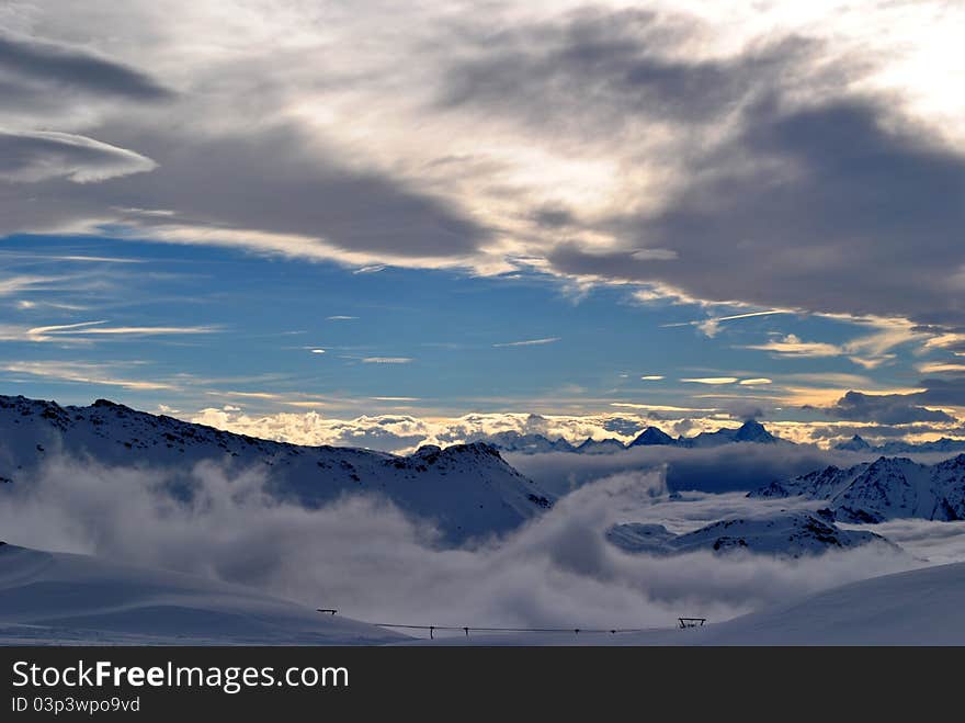 Clouds on cervinia from plateau rosa