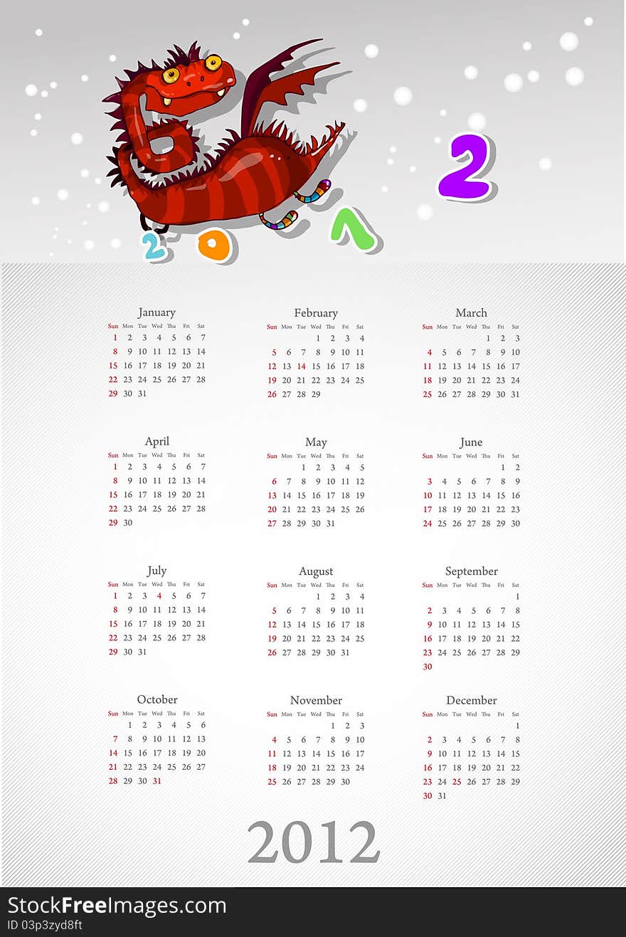 Calendar 2012 With A Red Dragon: On White