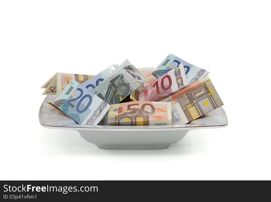 Salad bowl full of euro notes of different values. Salad bowl full of euro notes of different values