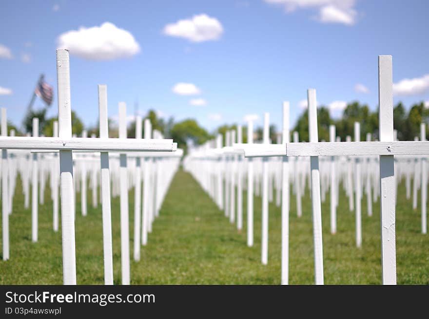 Crosses in a public park on a memorial day event. Crosses in a public park on a memorial day event.