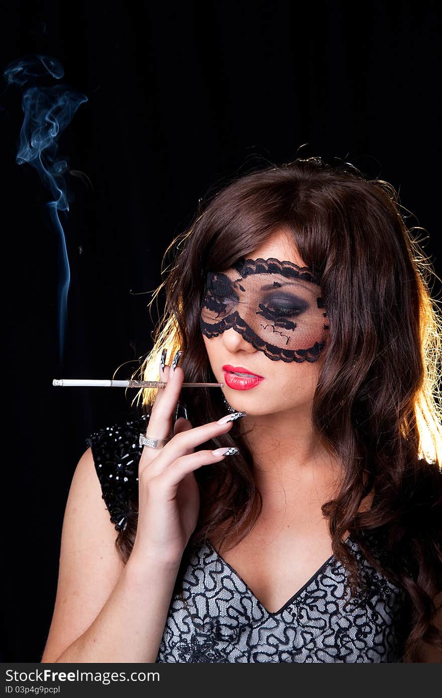 Smoking Lady With Lacy Mask On Black