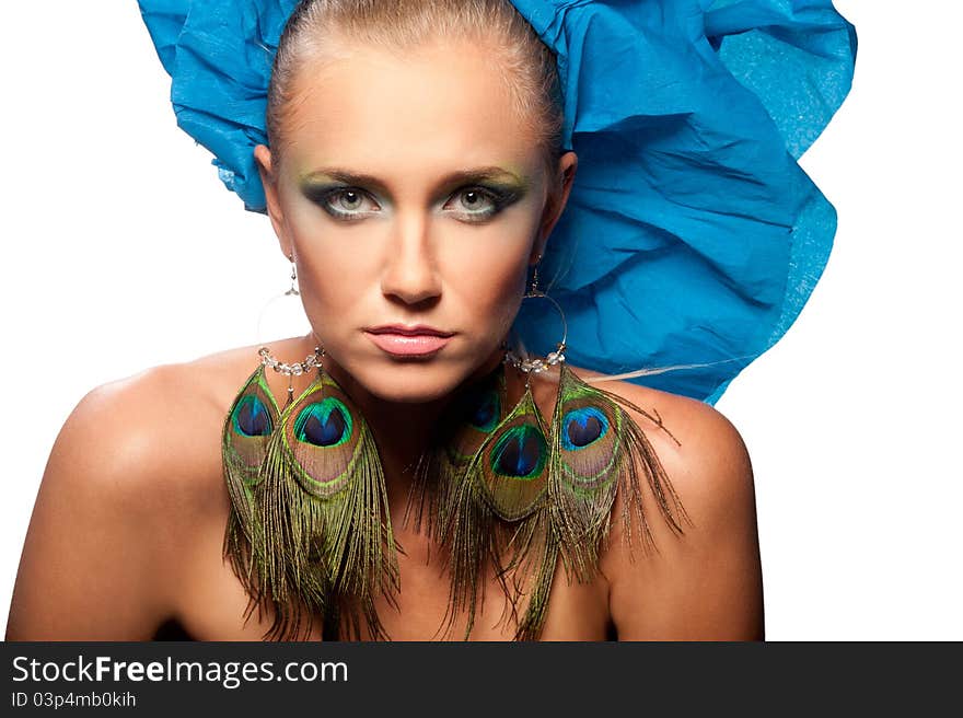 Woman in blue hat on the isolated background