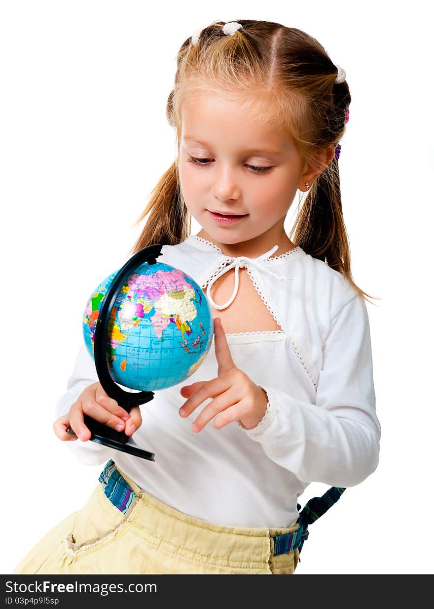 Girl with globe isolated on white background