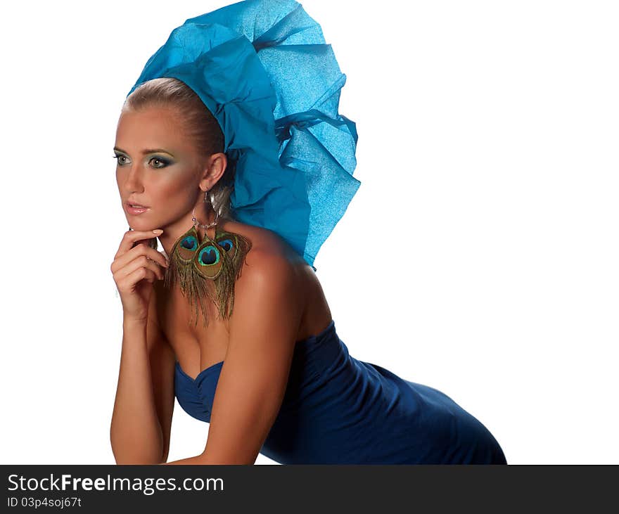 Woman in a blue dress on the isolated background