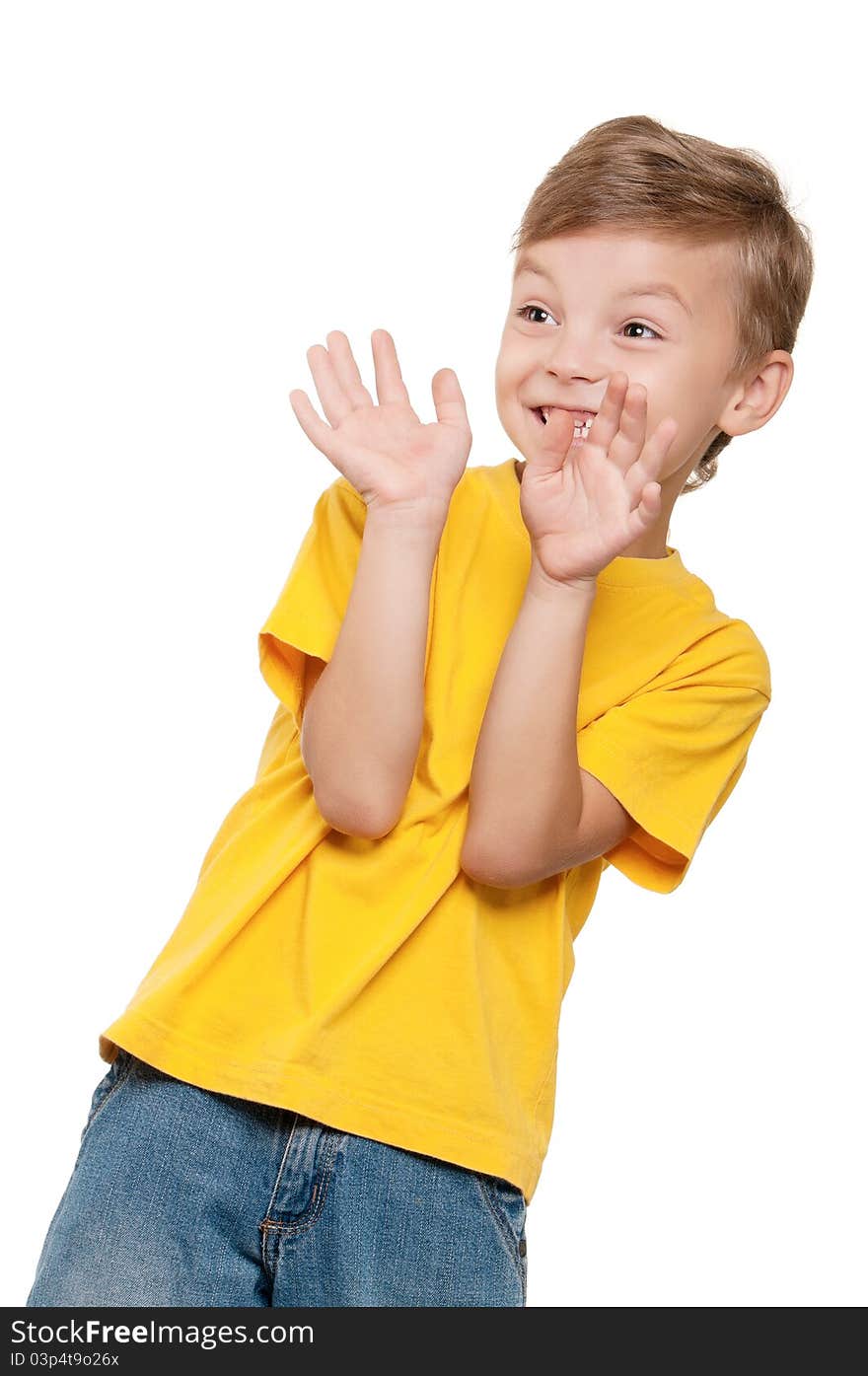 Portrait of scared little boy over white background. Portrait of scared little boy over white background