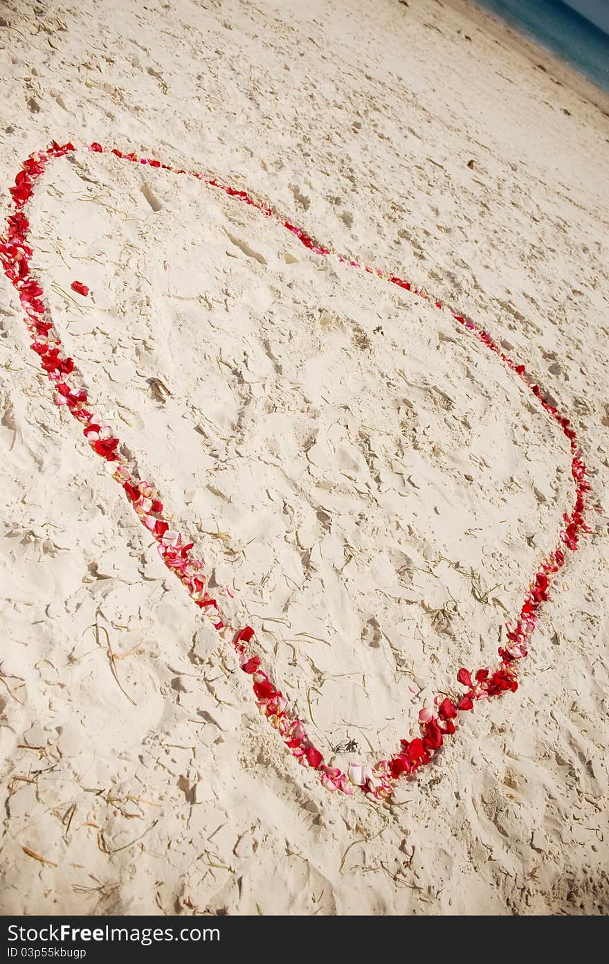 Wedding Ceremony on a beach, rose petals making a love heart