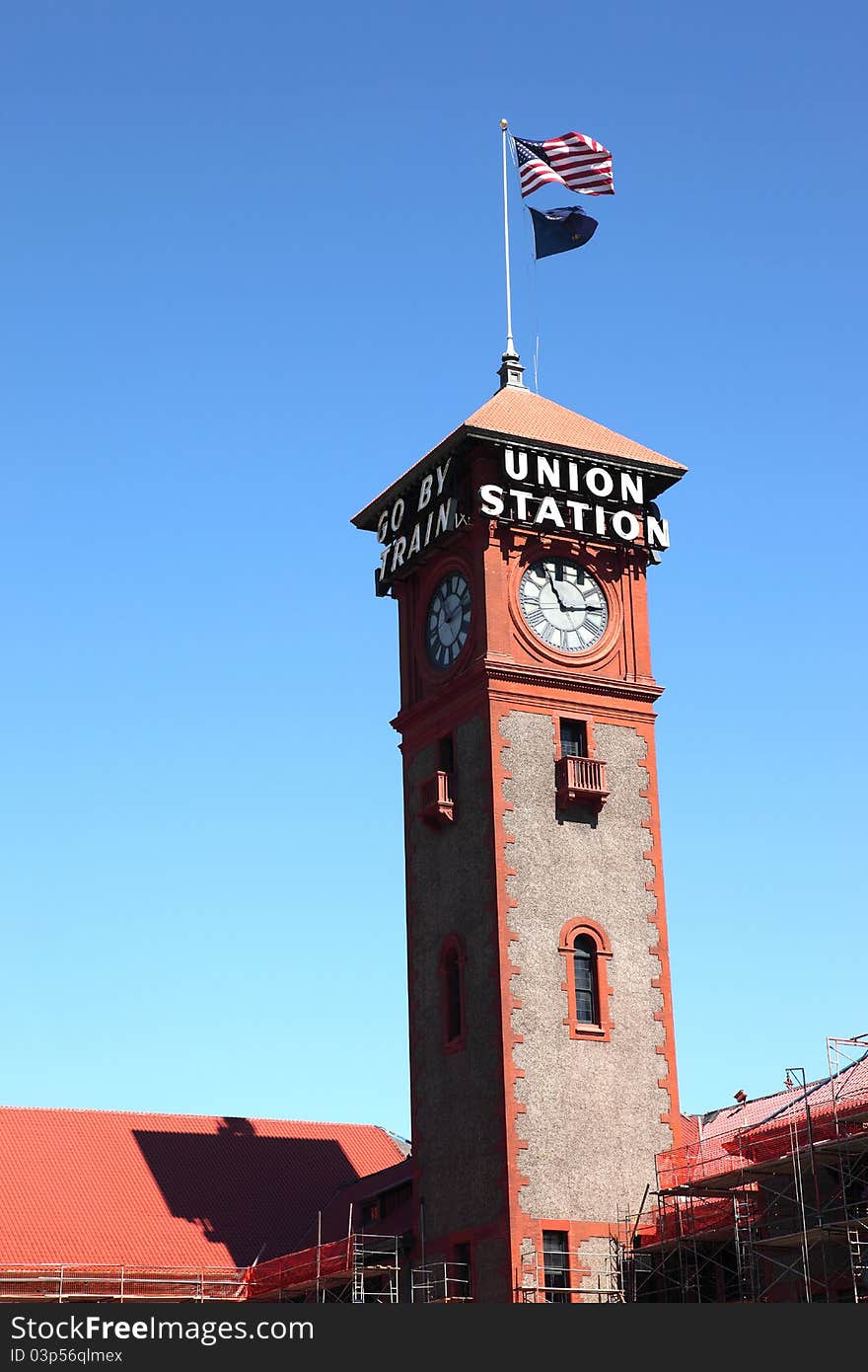 A tower of Union station in Portland Oregon train station. A tower of Union station in Portland Oregon train station.
