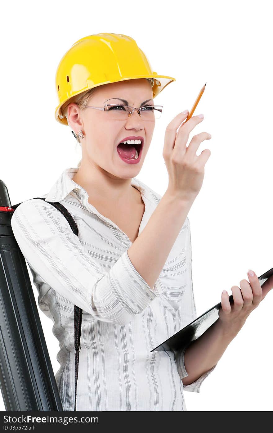 Portrait of attractive architect girl with hard hat - isolated on white background