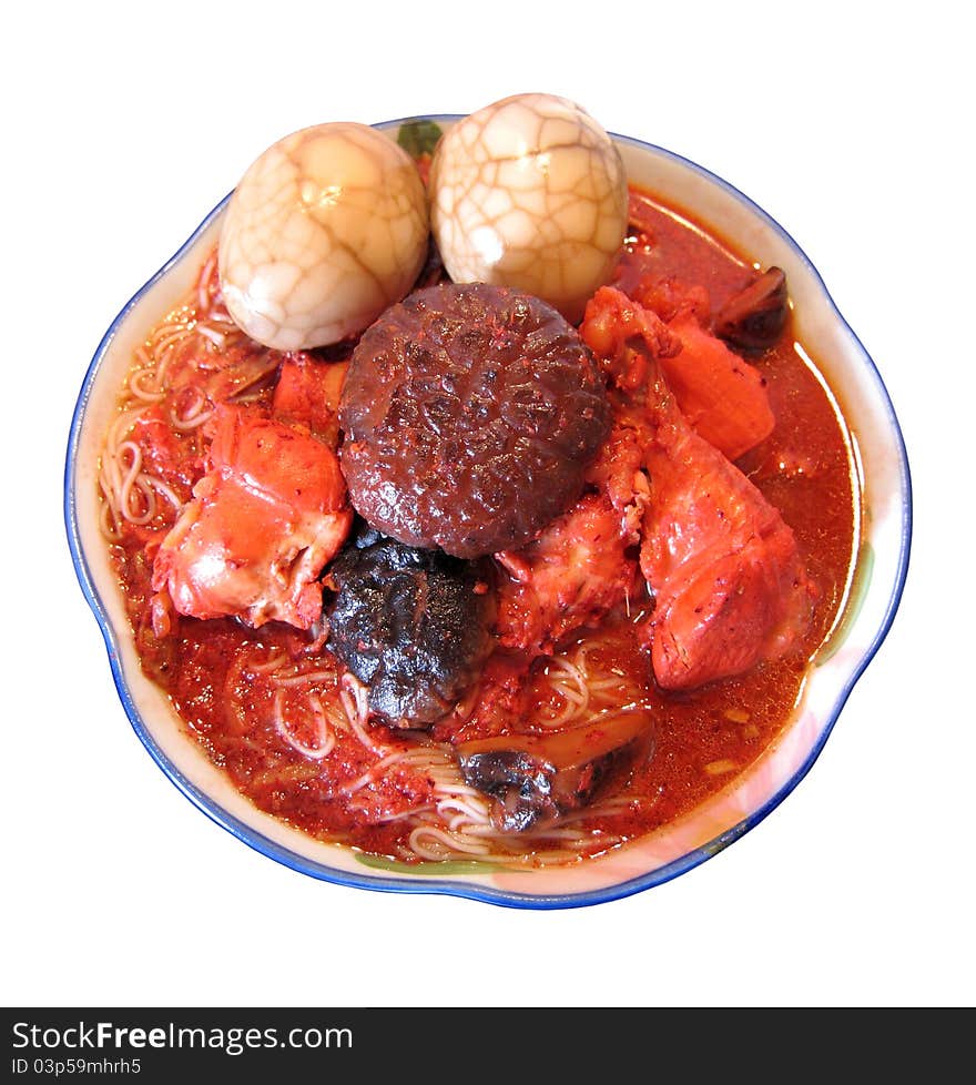 Asian Cuisine - Fujian Red Wine Chicken Noodle Soup With Two Eggs.