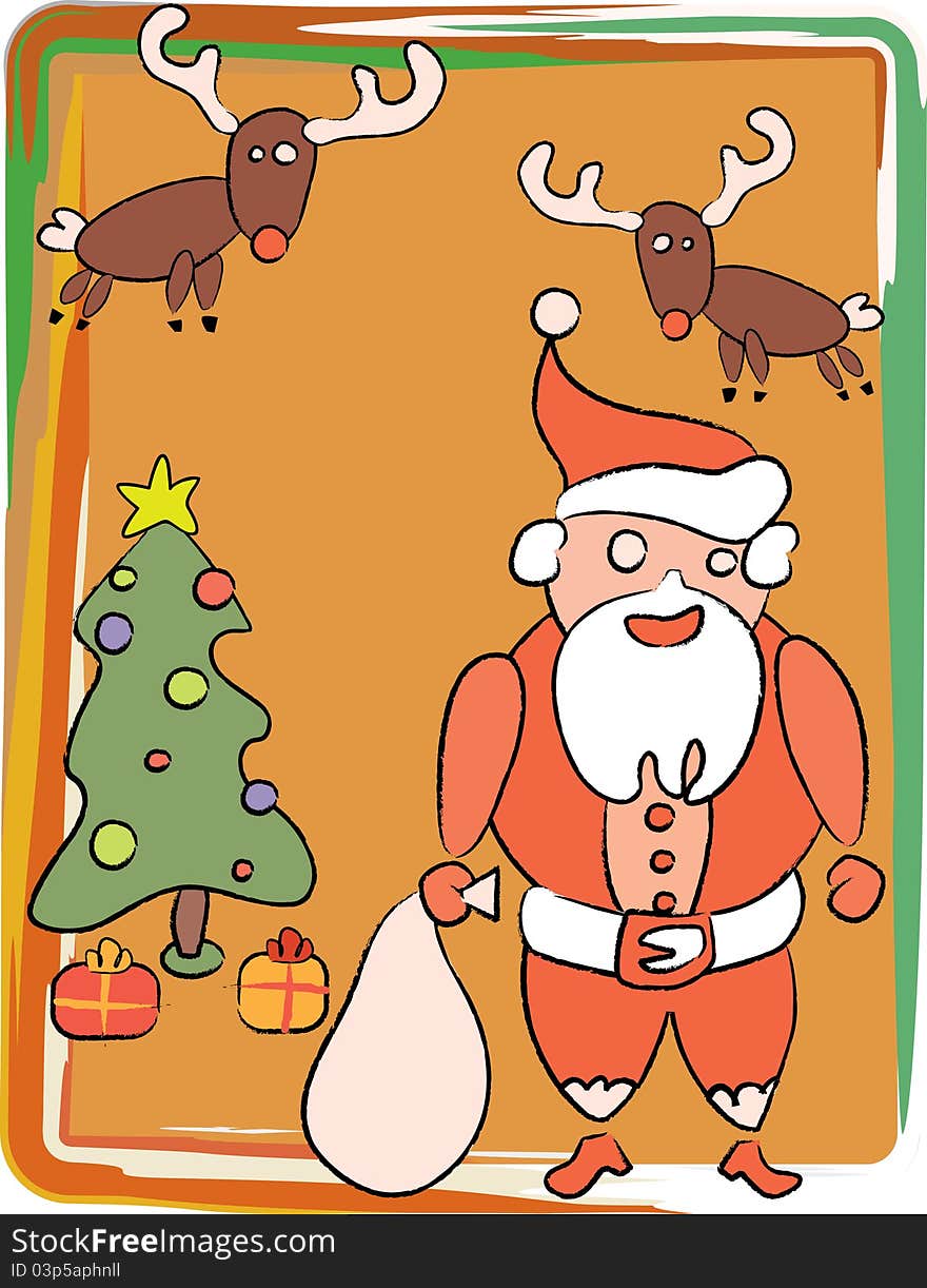 An image of santa, a holiday tree, reindeer, and presents! Vector. An image of santa, a holiday tree, reindeer, and presents! Vector
