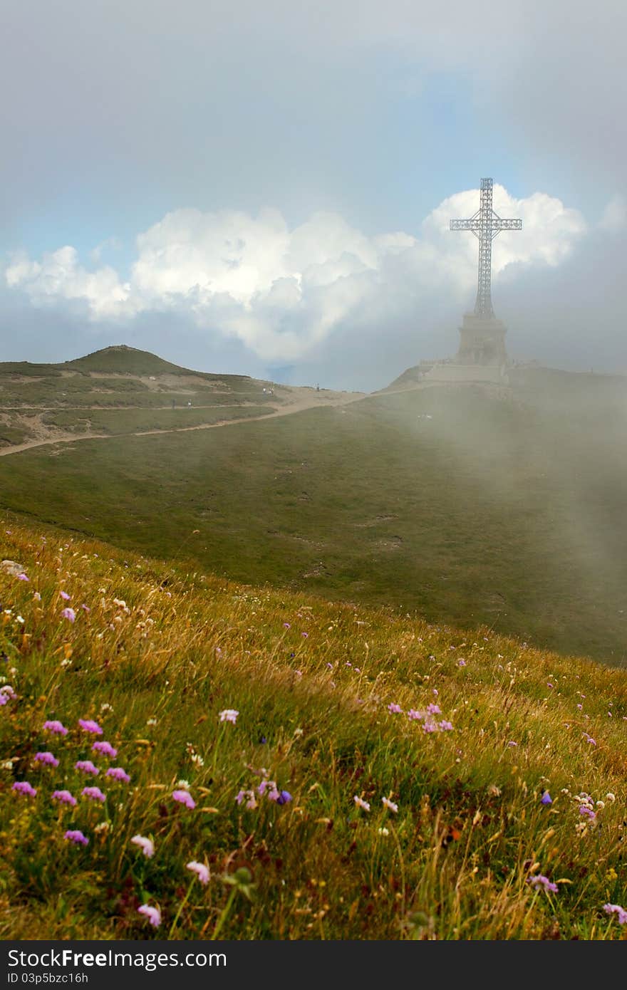 Caraiman heroes cross monument in Bucegi mountains Romania