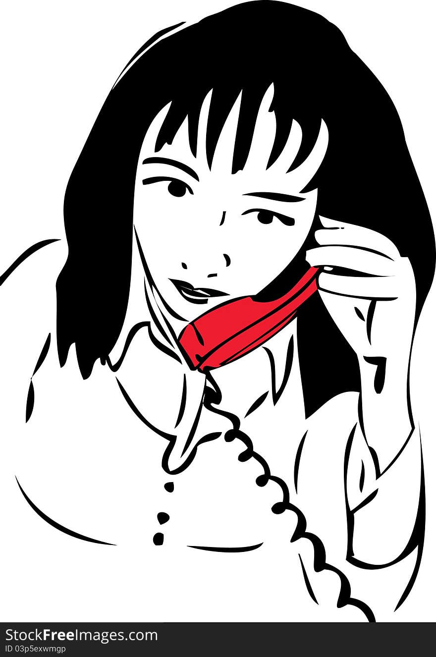 Sketch of a girl talking on the phone the red