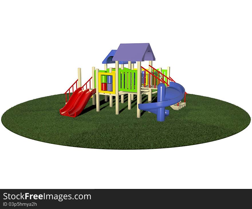 3D Illustration of motley playground on green grass