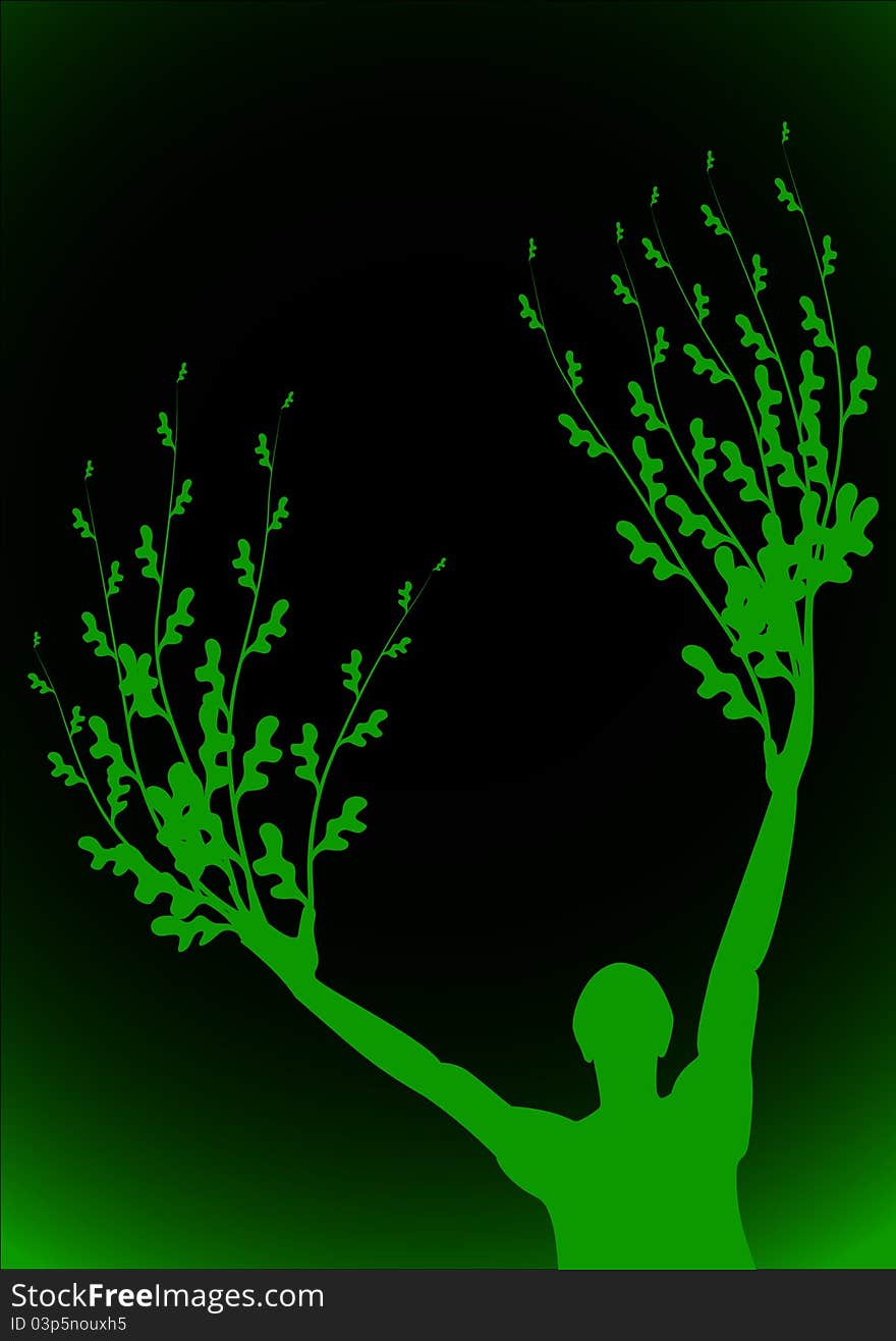 Silhouette of man with branches on the fingers. Silhouette of man with branches on the fingers