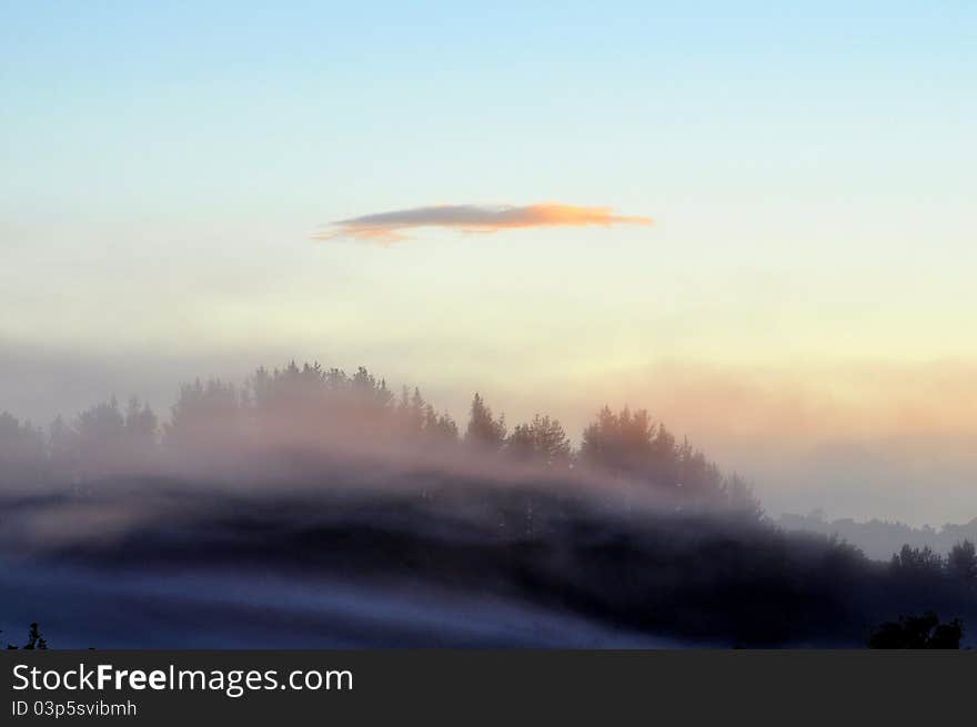 A photo taken of the early morning mists over the hills in Waitomo, New Zealand. A photo taken of the early morning mists over the hills in Waitomo, New Zealand.