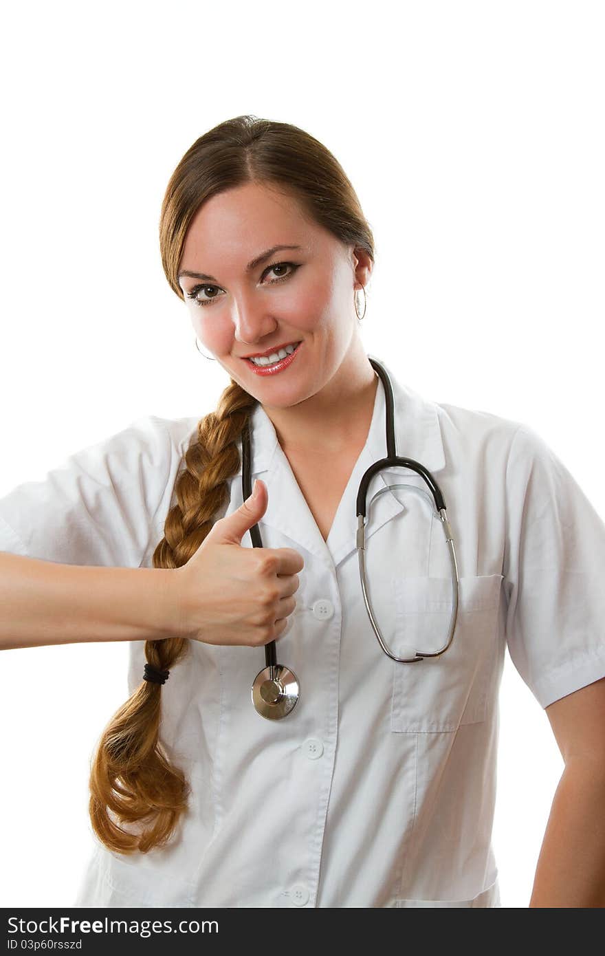 Smiling nurse in white medical coat with stethoscope isolated on a white background. Smiling nurse in white medical coat with stethoscope isolated on a white background