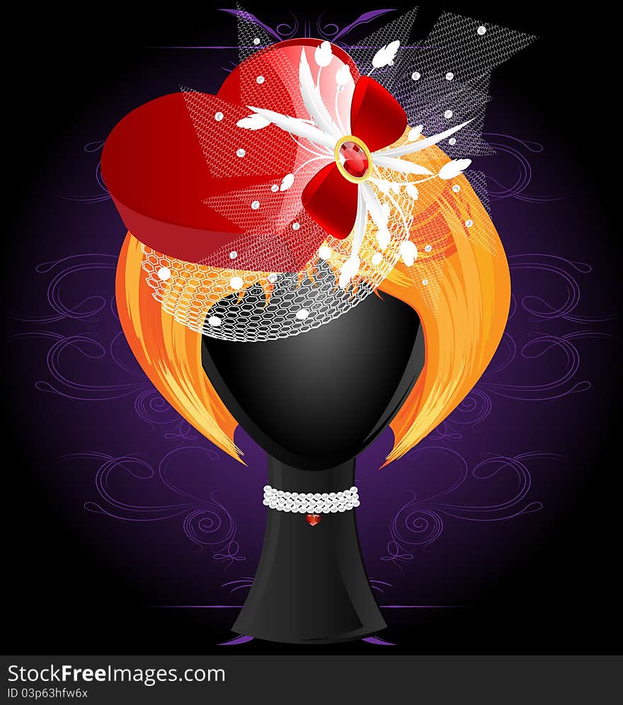 On a dark background with an abstract ornament are a red-haired wig in a red heart-shaped hat. On a dark background with an abstract ornament are a red-haired wig in a red heart-shaped hat