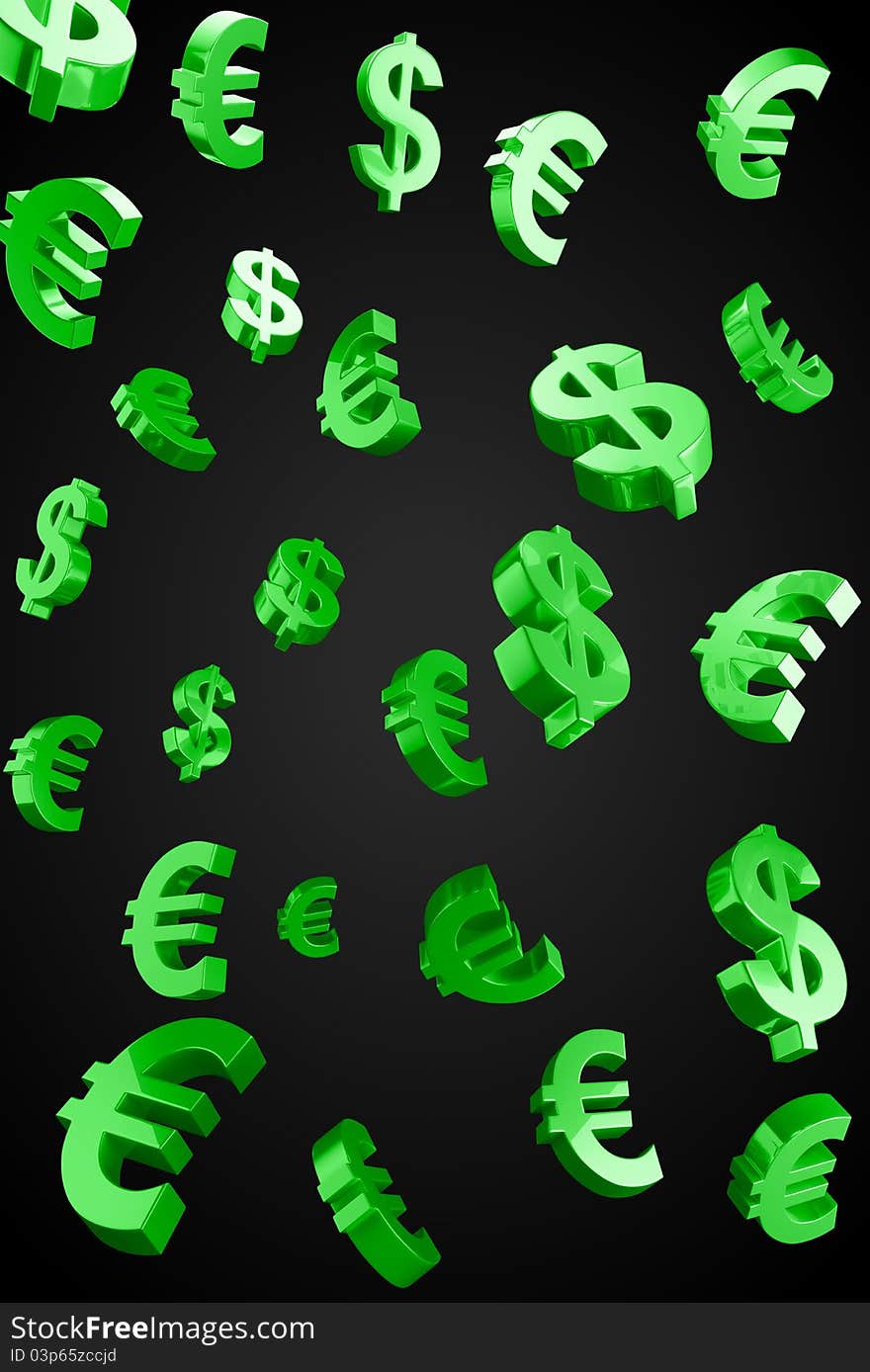 Green Evro and Dollar signs rain.On a black background