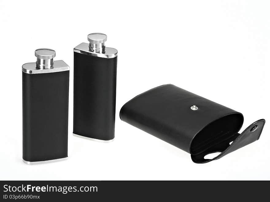 Portable Set Of Flasks In Leather Case