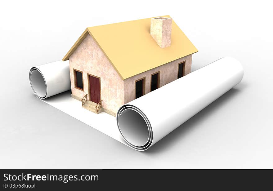 3d render of  small house on a sheet of paper