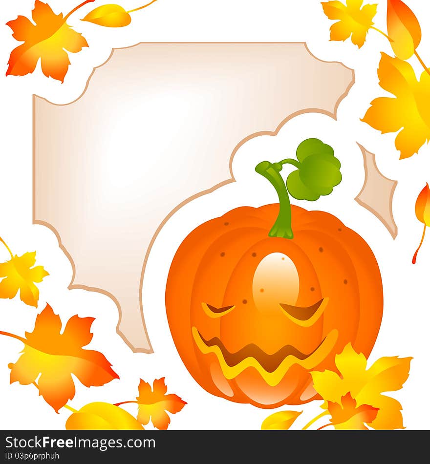 Halloween pumpkin with maple leaves and place for text