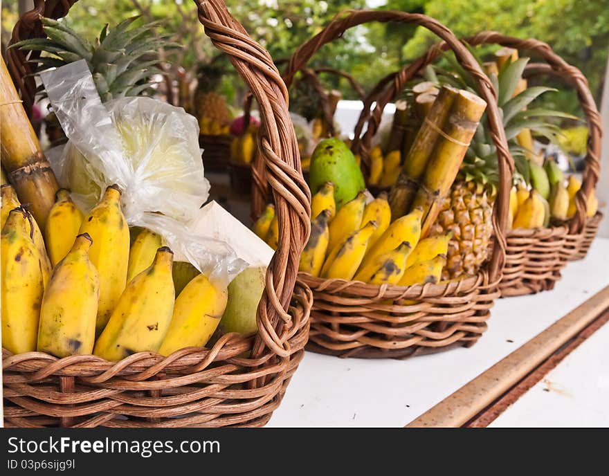 Fruits in basket on shelves tilted out