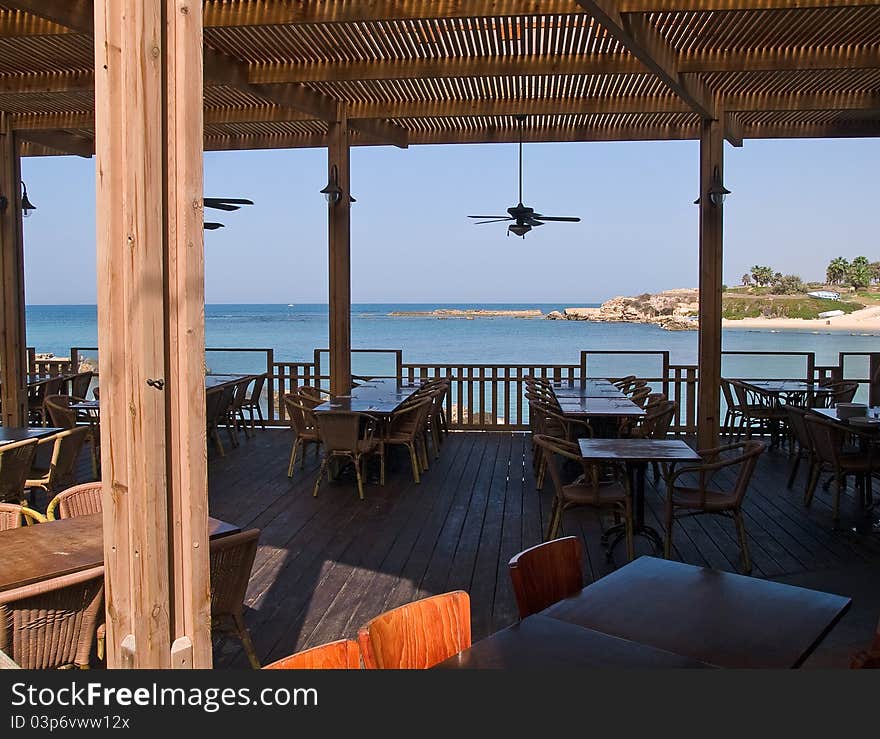 Typical Mediterranean beach restaurant cafe coffee shop by the ocean