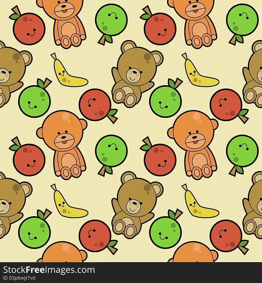 Seamless cute background with animals and fruits. Seamless cute background with animals and fruits