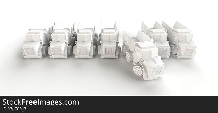 Computer generated row of trucks on white background. Computer generated row of trucks on white background