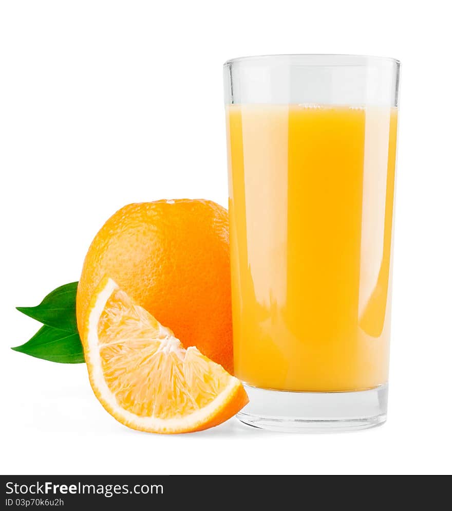 Orange and half with leaves and juice on white background