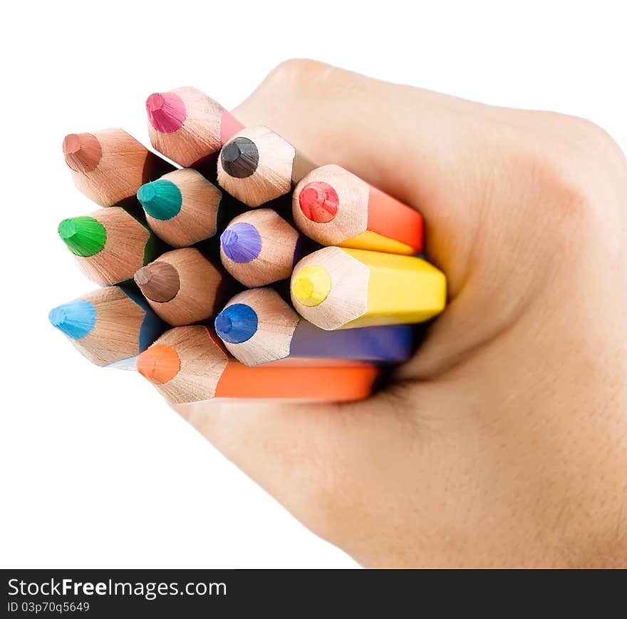 Multicolor pencils in hand