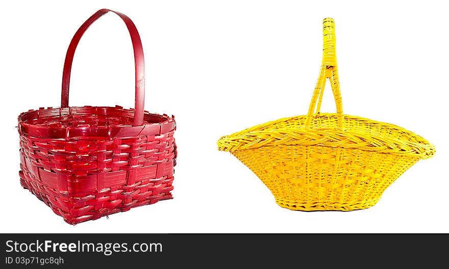 Two old braided baskets in red and yellow. Two old braided baskets in red and yellow.