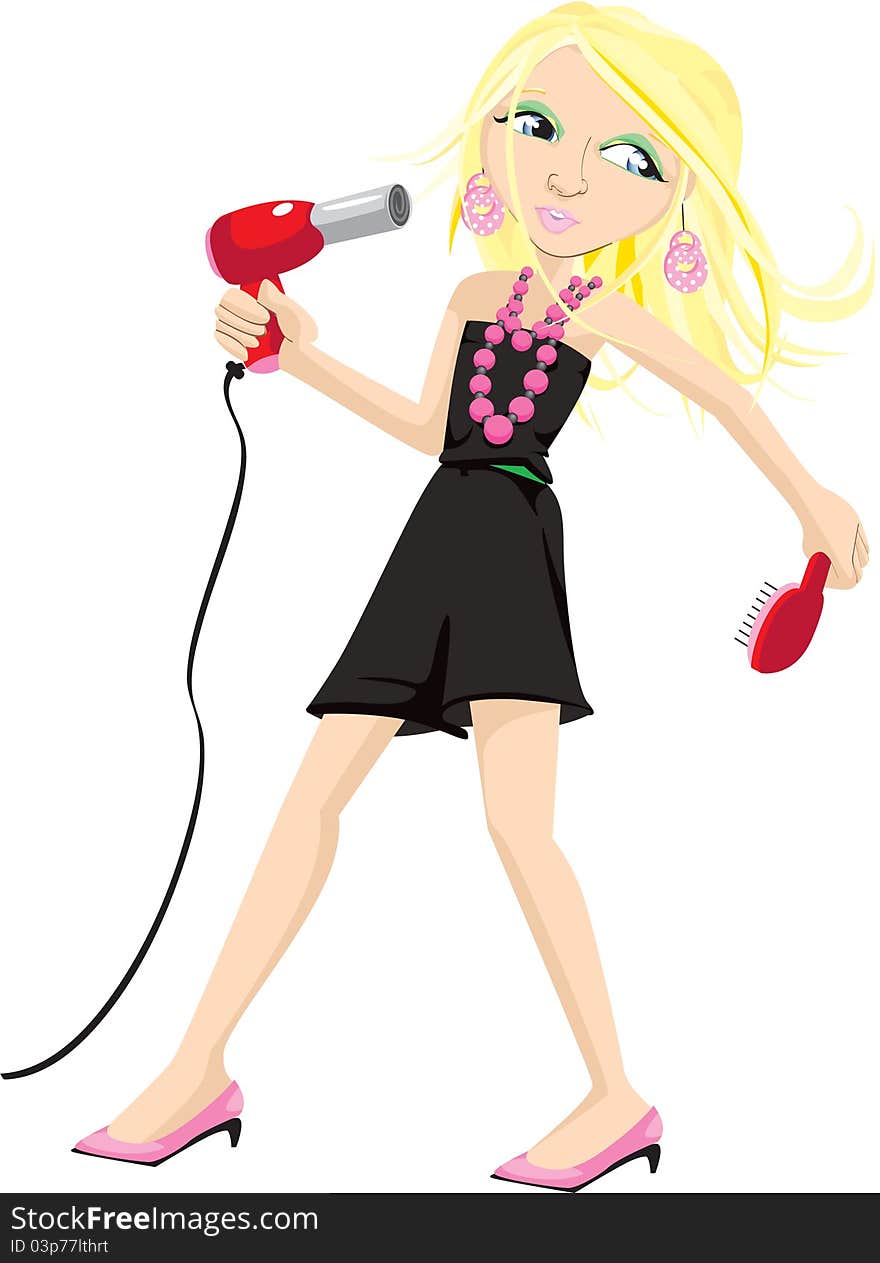 Character illustration of a fashionable, pretty blond woman using a hairdryer and brush to style hair. Character illustration of a fashionable, pretty blond woman using a hairdryer and brush to style hair.