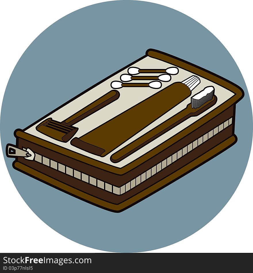 Retro spot illustration of a travel case and its contents which consists of cotton buds, razor, toothbrush and toothpaste. Retro spot illustration of a travel case and its contents which consists of cotton buds, razor, toothbrush and toothpaste.