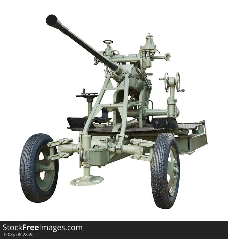 Artillery gun of the Second World War, isolated on a white background. Artillery gun of the Second World War, isolated on a white background