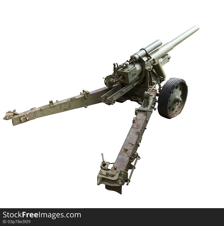 Artillery gun of the Second World War, isolated on a white background