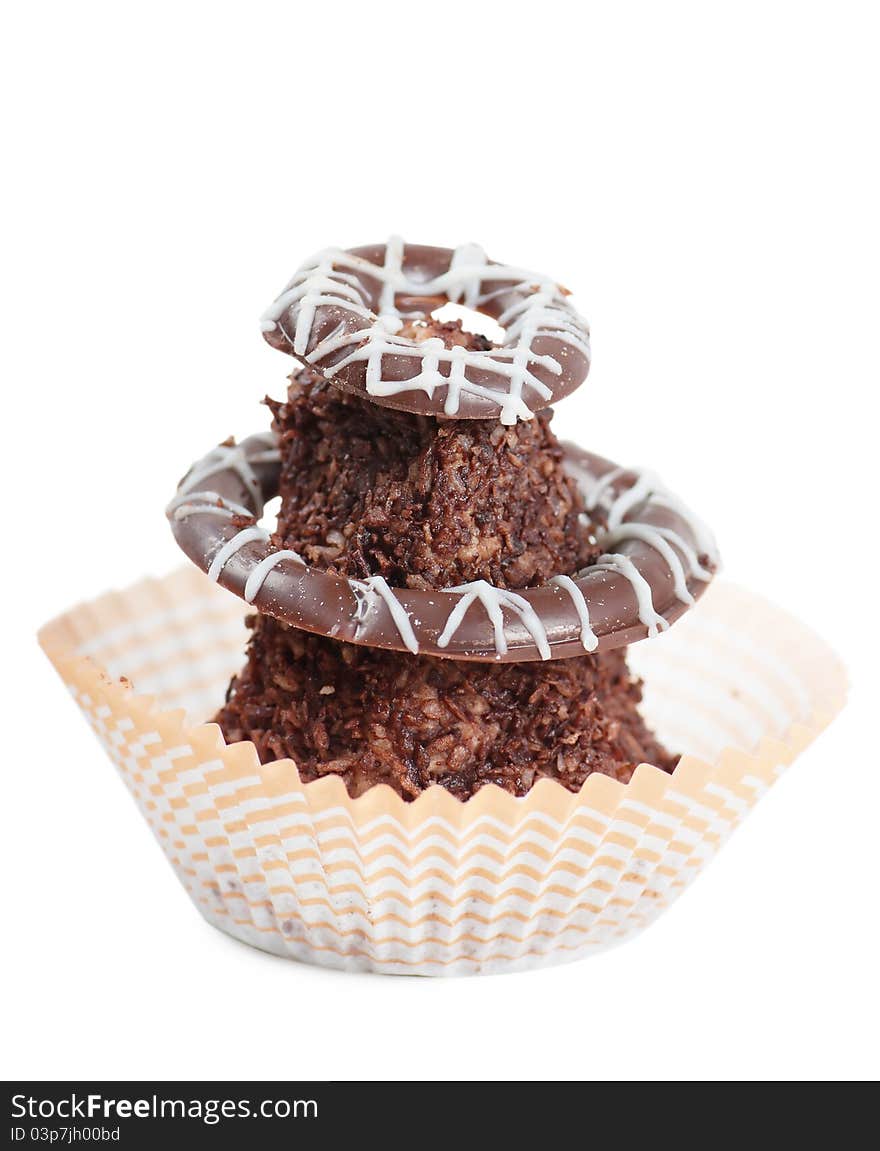 Closeup view of chocolate candy over white background