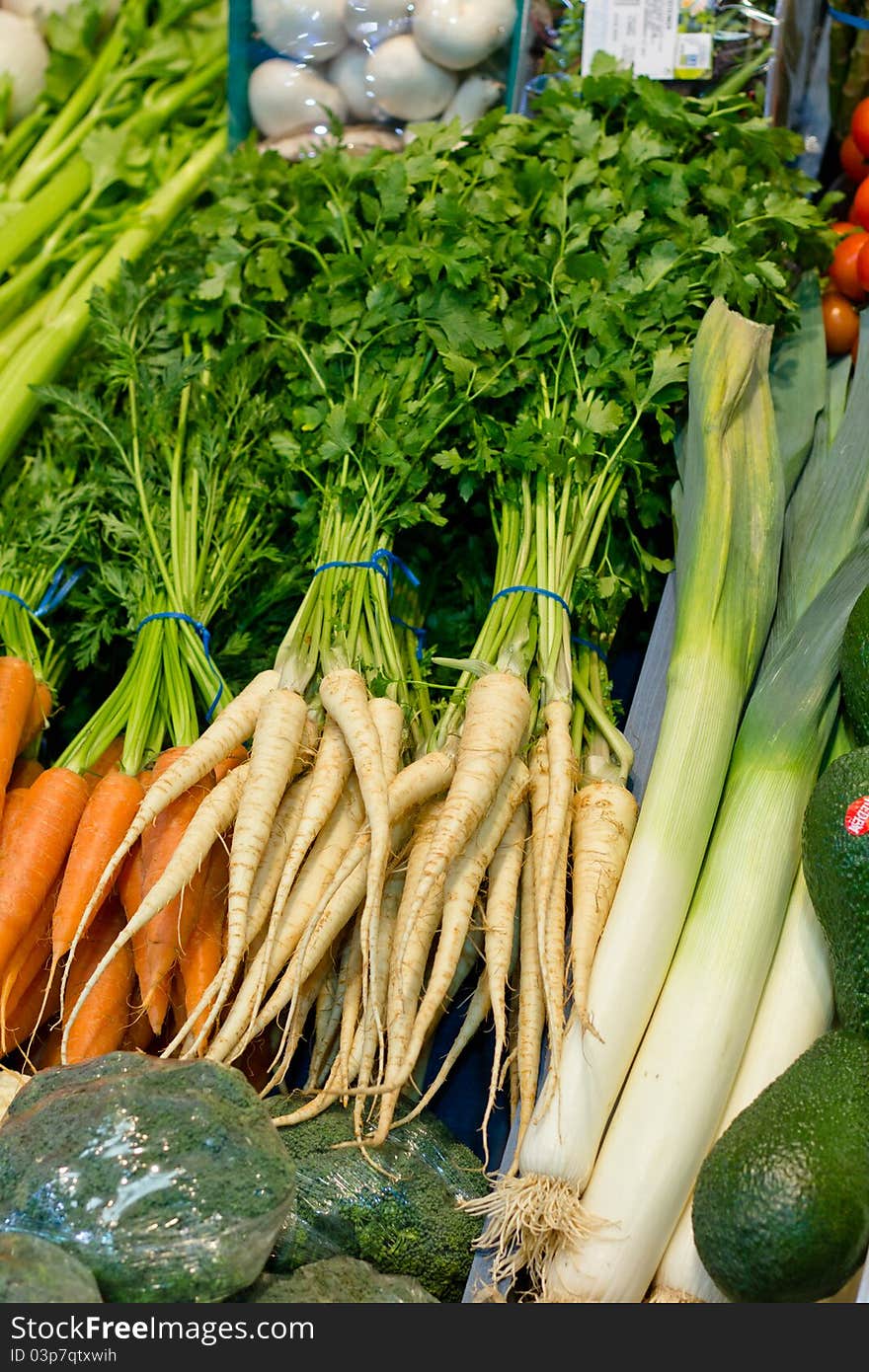 Different sort of vegetables on a stand