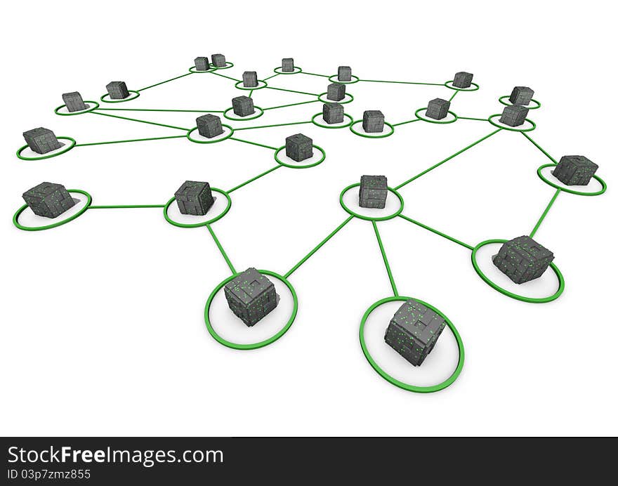 Render of a high-tech network of connected cubes. Render of a high-tech network of connected cubes