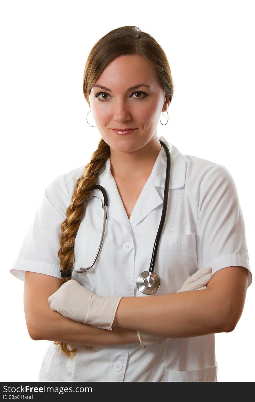 Woman doctor with long hair in a white medical coat with stethoscope isolated on a white background. Woman doctor with long hair in a white medical coat with stethoscope isolated on a white background